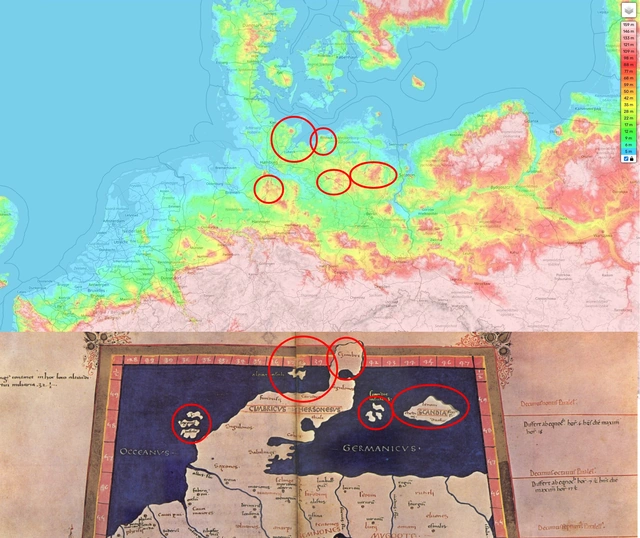 A comparative presentation between the medieval Germania Magna map by Donnus Nicolaus Germanus and a colored depiction of current elevation data (DGM).