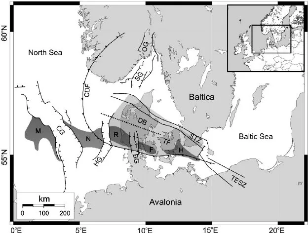 Simpli fi ed map of the main tectonic features in the Danish Basin and surrounding areas. Abbreviations: CDF = Caledonian Deformation Front; STZ = Sorgenfrei-Tornquist Zone; TF = Tornquist Fan (light grey); MNRFH = Mid North Sea-Ringkøbing-Fyn High; TESZ = Trans-European Suture Zone; DB = Danish Basin; CG = Central Graben; HG = Horn Graben; BG = Brande Graben; OG = Oslo Graben; SG = Skagerrak Graben. Inset shows location of study area in Europe. After Berthelsen (1992), MONA LISA Working Group (1997b) and Ziegler (1990).