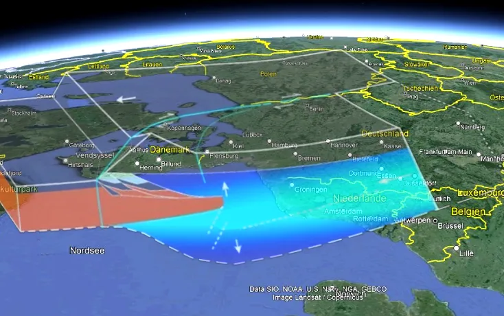 The previously described situation, applied here in a figurative sense to the considered area of Germania Magna: According to this, the formation of fault zones, such as the Elbe-Ligament, which could have arisen in connection with the presumed uplift of the North German coastal area (with the overthrusting of Avalonia) or the shortening of the continental crust in the interior of the country, which may also be connected with the formation of significant graben structures between the Alps and the Oceanus Germanicus, can possibly also be explained. At the same time, the stronger bulging of the crust between the Netherlands and the North Sea area could have led to a subsidence of the lithosphere (isostasy), with the possible consequence of a change in the tilt of the ground surface and the further uplift of the Ore Mountains as a fault-block mountain range. (North here on the left edge of the image, Google Earth Pro, 2024)