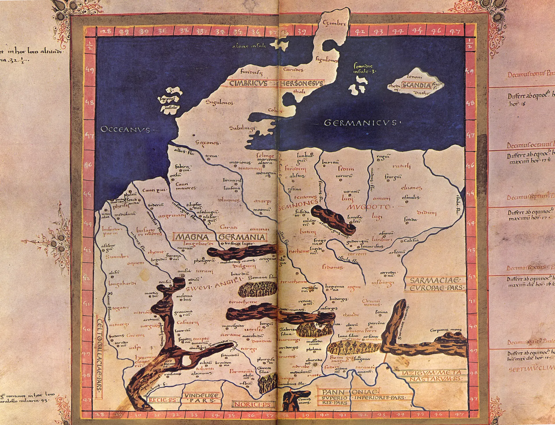 Sven Mildner - Neuinterpretation der Germania Magna des Claudius Ptolemy - EVROPA TABVLA QVARTA – Quarta Europe Tabula continet Germaniam cum insulis sibi adiacentibus. Die Karte zu ''Magna Germania'' aus der im Original griechisch verfaßten ''Geographike Hyphegesis'' des in Alexandria wirkenden Claudius Ptolemaios