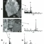 What Caused Terrestrial Dust Loading and Climate Downturns Between 533 and 540 A.D.? Scanning electron microscope (SEM) micrographs of particles from the ice core. (A, C, E, J) Sn-rich particles with one Fe-rich spherule in E. (B, D, F, G, H) Qualitative energy-dispersive X-ray microanalyses of compositions. (Note that the peak heights are not absolute so no scale is given for peak heights. This means that the relative heights of nearby spectral peaks provide a good estimate of relative abundances of these elements. In contrast, the relative heights of peaks with different energies are only loosely correlated to their relative abundance.) Four out of fi ve analyses are of Sn-rich particles. Analysis D shows a small but distinct Cu peak in addition to Sn peaks. The remaining analysis is of a Fe-rich spherule (F). (I) Ni-rich particle-analysis in Table 3. Ratios of backscattered and secondary electrons were adjusted to maximum the image quality: (A) 100% BSE (backscattered electron mode); (C, I) 50% BSE, 50% ILSE (in-lens secondary electron mode); (E) 90% BSE, 10% ILSE, (J) 50% BSE, 50% SE2 (standard secondary electron mode). Black arrows or lines point from particles to their spectra.