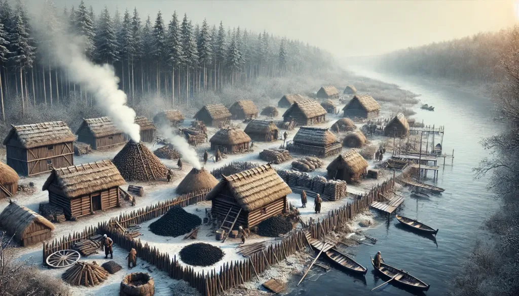 DALL·E 2025-01-03 18.53.12 - A historically inspired depiction of a Germanic village during the Roman era, situated by a large river resembling the Vistula. The scene is set in winter