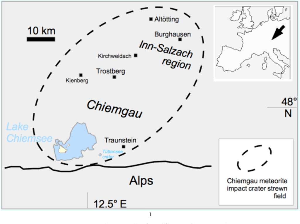 Fig. 1. Location map for the Chiemgau impact region. Published in 2019 Cosmic collision in prehistory The Chiemgau Impact : research in a Bavarian meteorite crater strewn field, M. RappenglückB. RappenglückK. Ernstson