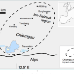 Fig. 1. Location map for the Chiemgau impact region. Published in 2019 Cosmic collision in prehistory The Chiemgau Impact : research in a Bavarian meteorite crater strewn field, M. RappenglückB. RappenglückK. Ernstson