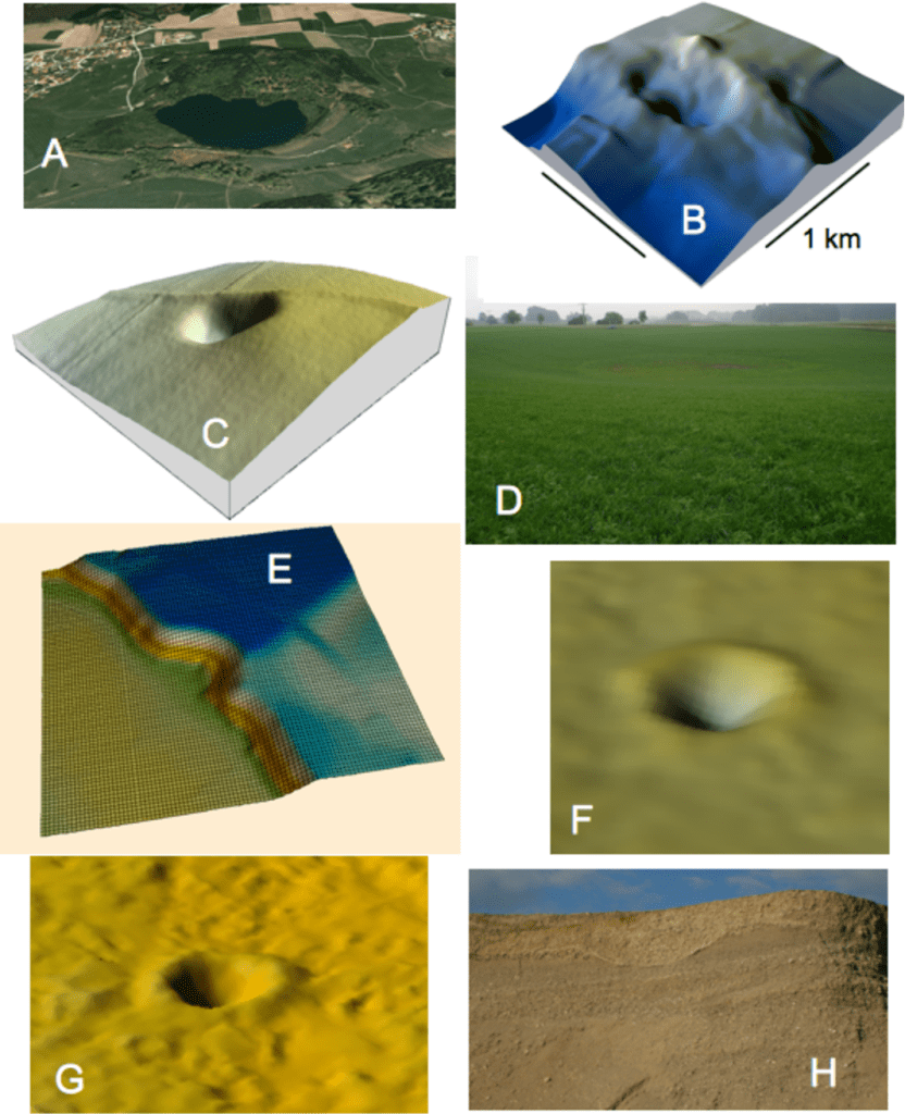 Fig. 2. Craters of varying size in the impact strewn ellipse. Der crater diameter (for the rim crest) is given in meters. A: Lake Tüttensee (600), B: doublet crater in Lake Chiemsee (800 x 400), C: Purkering (75), D: Bergham (150), E: semi crater in the valley slope of the Inn river, (55), F: Einsiedleiche (15), G: Schatzgrube (13), H: gravel pit, Emmerting (4).