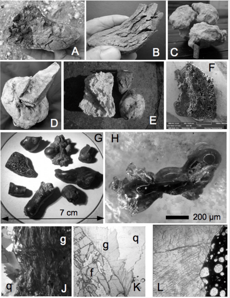 Fig. 4: Extreme pressures, temperatures and corrosion effects in the crater strewn field. A: Typical fracture deformation and corrosion of an Alpine cobble - exposed during a gravel pit expansion. B: Broken boulder fragment of a sandstone; from crater 004 (near Emmerting). C: Extremely corroded limestone block from the edge of Lake Chiemsee. Effect of carbonate melt and/or acid dissolution. D: Intensively baked rocks - fractured cobble and quartzite fragment with glass coating (from crater 004). E: Two extremely short-lived and highly heated pebbles with sub-millimeter thin glass skin all around; relic fragment from decarbonization/carbonate melt of an Alpine limestone cobble (from crater 004). F: Chiemite from the Chiemgau crater strewn field under the scanning electron microscope. The content of special carbon allotropes (carbyne) requires temperatures between 2500 and 4000°C to form. G: Aerodynamically shaped black glasses that can be abundantly picked up in the crater strewn field. H: Example of a microtektite from soil samples in the first Alpine foothills south of Lake Chiemsee. J, K: Strong shock effects in minerals - optically isotropic, normally birefringent minerals mica (g) and feldspar (f) are converted to diaplectic glass. q = ordinary quartz. J = crossed polarizers, K = linearly polarized light. Thin section of a quartzite from the 