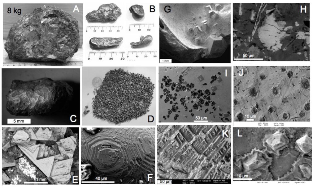 Fig. 6: Iron silicides from the Chiemgau crater strewn field. A: 8 kg heavy iron silicide boulder; found about 30 years ago near Grabenstätt at Lake Chiemsee. B: Iron silicide samples from the strewn field with aerodynamically shaped forms and surfaces. C: Iron silicide particles from the strewn field with regmaglyptic surface sculpture. D: Fine-grained fraction of iron silicides from the strewn field. E, F: Iron silicides under the scanning electron microscope (SEM). G: Cubic moissanite (SiC) crystals in iron silicide matrix. H: Iron silicide with uranium and cerium (light), SEM. I: Crystals of moissanite (black) and titanium carbide (TiC, grey) in iron silicide matrix. J: Microcrater on iron silicide (impact of cosmic dust particles?), REM. K: Exsolution lamellae of iron silicide and zircon in iron silicide sample, SEM. L: Zircon crystals immersed in plastic iron silicide matrix.